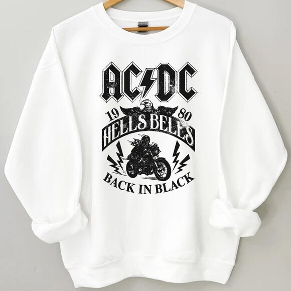 Vintage ACDC Hells Bells Sweaters, Graphic ACDC Back in Black Album shirt white - Picture 1 of 4